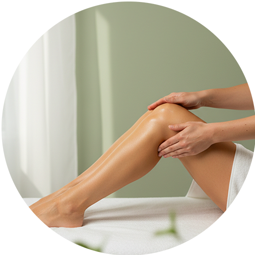 Addio gambe pesanti- sollievo con massaggio circolatorio Cliente su lettino in spa mentre l’operatrice esegue manovre leggere sulle gambe, con atmosfera verde e botanica che comunica leggerezza e sollievo dalle gambe pesanti.