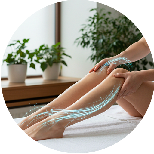 Circolazione che scorre- beneficio del massaggio circolatorio Massaggio circolatorio alle gambe in spa con effetto luminoso azzurro che suggerisce il flusso della circolazione, ambiente rilassante e pulito.
