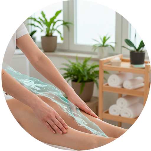 Drenaggio naturale- effetto del massaggio circolatorio Operatrice che esegue manovre di drenaggio su caviglie e polpacci in una cabina spa luminosa, con riflessi azzurro-verdi che richiamano un drenaggio naturale.