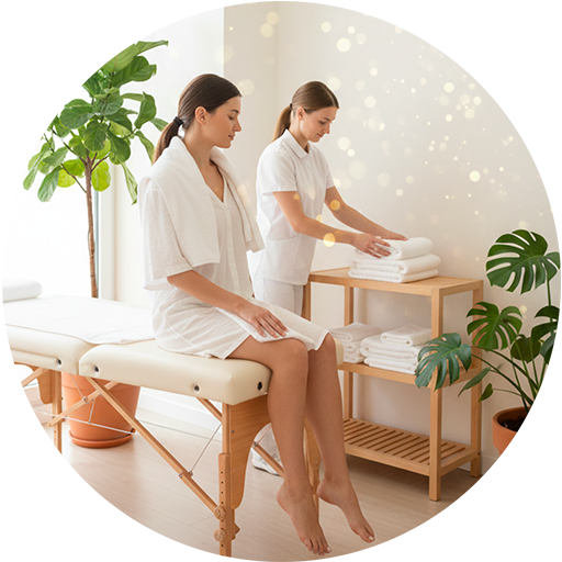 Energia e leggerezza dopo il massaggio circolatorio Cliente in spa dopo un massaggio circolatorio, ambiente luminoso con punti luce dorati che comunicano energia e leggerezza, operatrice che sistema il lettino.