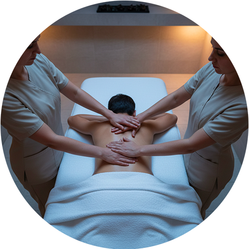 Persona su lettino mentre due terapisti occidentali eseguono un massaggio a 4 mani con tutte e quattro le mani visibili su spalle e schiena, in spa moderna con luce soffusa, per un rilassamento profondo e più rapido.