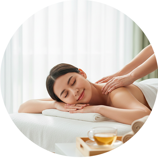Massaggio antistress- una pausa rigenerante Persona rilassata su lettino in spa mentre riceve un massaggio antistress a spalle e schiena, con tisana e atmosfera luminosa per una pausa rigenerante.