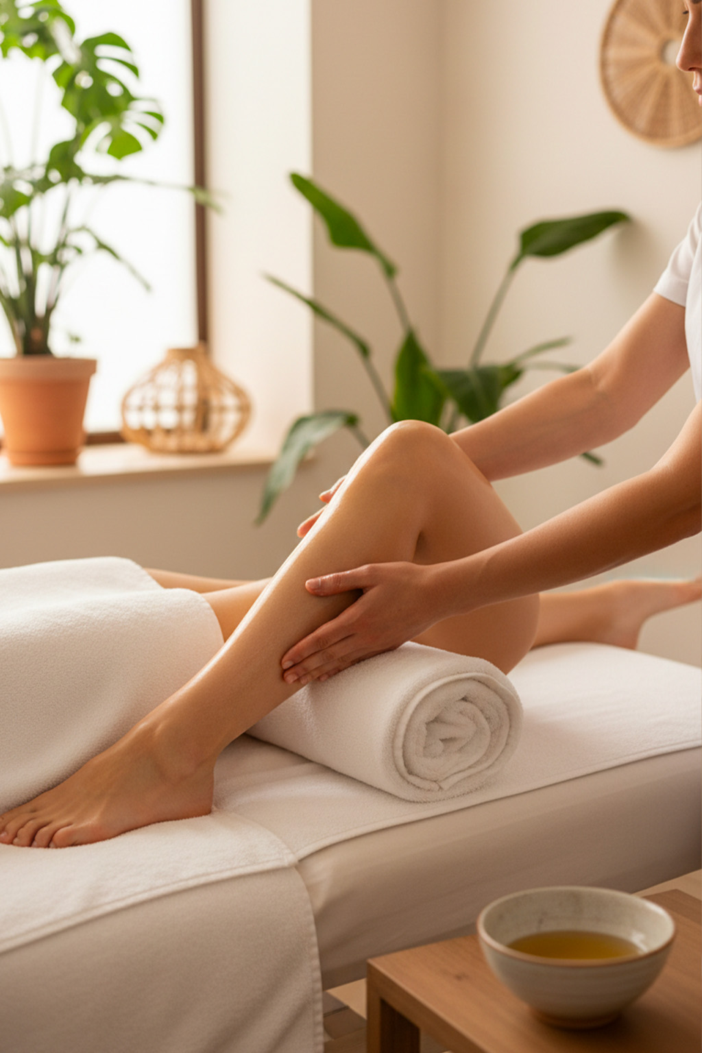 Massaggio circolatorio drenante alle gambe in spa Operatrice che esegue un massaggio circolatorio drenante su caviglie e polpacci di un cliente in una cabina spa luminosa con lettino e asciugamani bianchi.