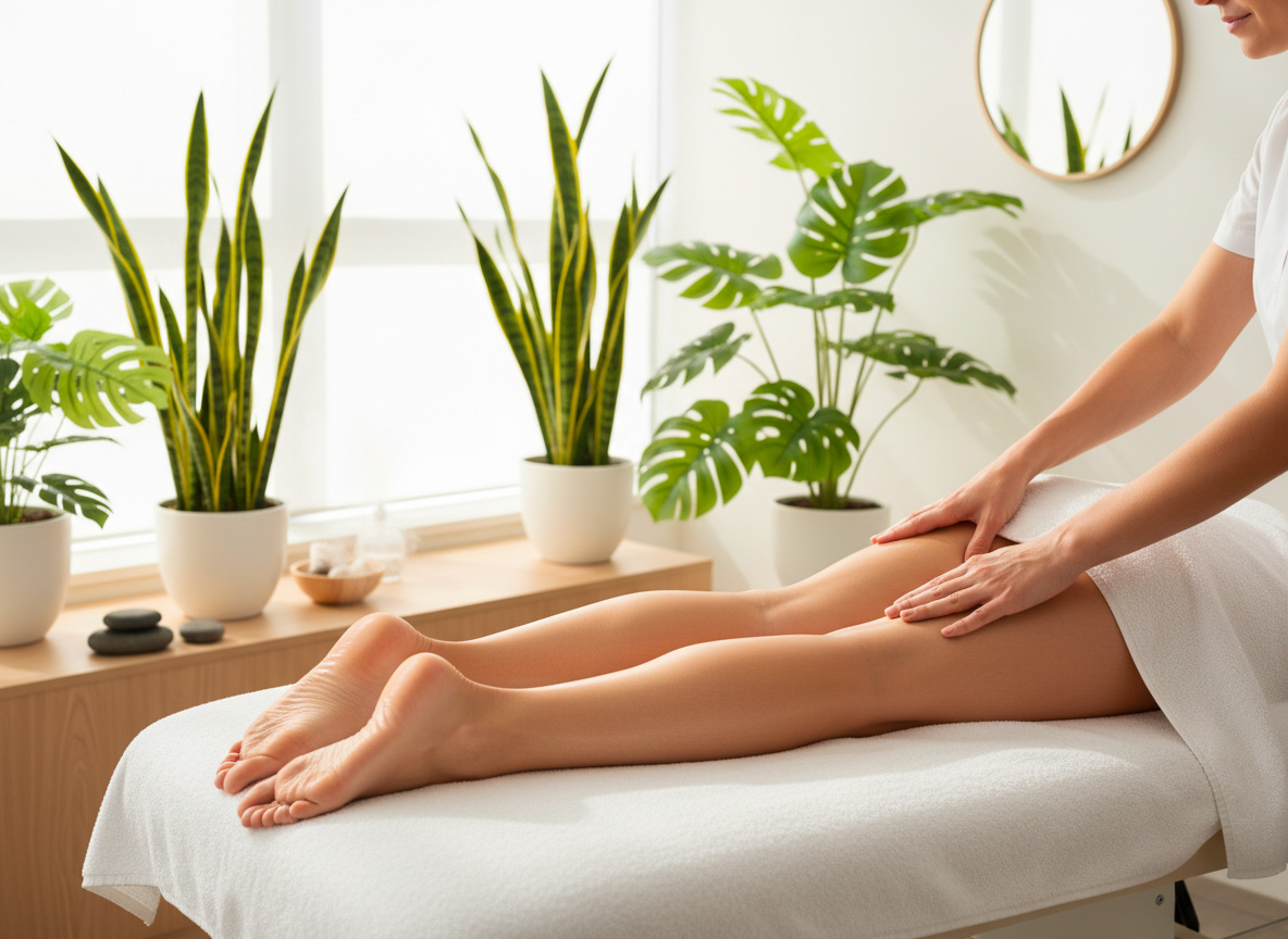 Massaggio circolatorio gambe in centro estetico Operatrice che esegue un massaggio circolatorio su polpacci e cosce di un cliente su lettino in una cabina spa luminosa e rilassante.
