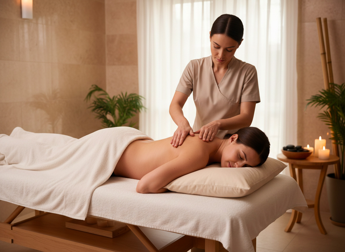 Donna incinta sdraiata su un fianco su lettino con cuscini di supporto mentre riceve un massaggio delicato a schiena e spalle in ambiente spa luminoso e rilassante.