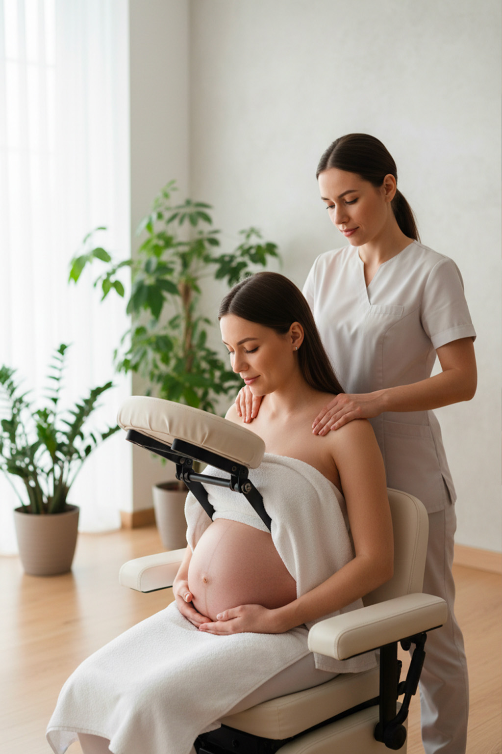 Donna incinta seduta su sedia ergonomica da massaggio mentre riceve un massaggio delicato a spalle e parte alta della schiena in studio benessere luminoso, immagine verticale.