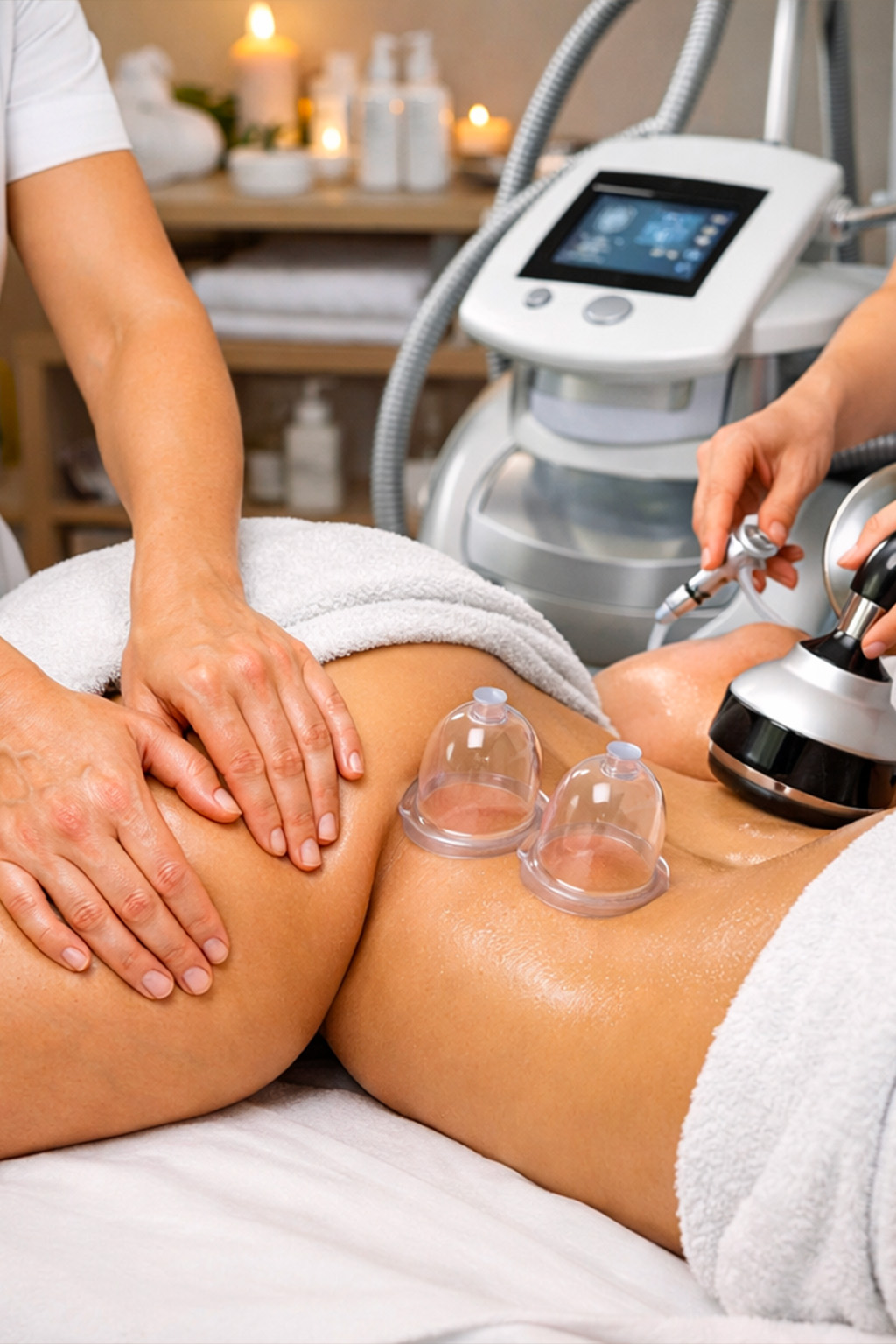 Trattamento corpo anticellulite professionale in centro estetico Trattamento anticellulite in centro estetico con massaggio manuale, coppettazione e macchinario estetico su gambe e glutei